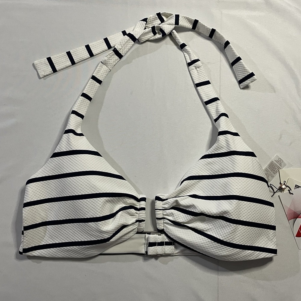 CALIA Women's U-Bar Halter Bikini Top White Blue Stripe Mesh XXL NWT